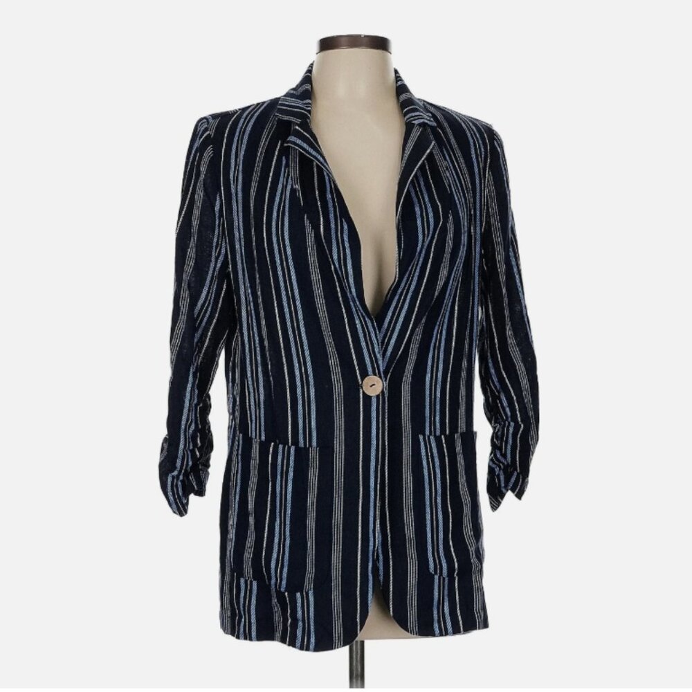 NWT Ellen Tracy Women's Navy Stripe Single Button Blazer XS Linen Blend